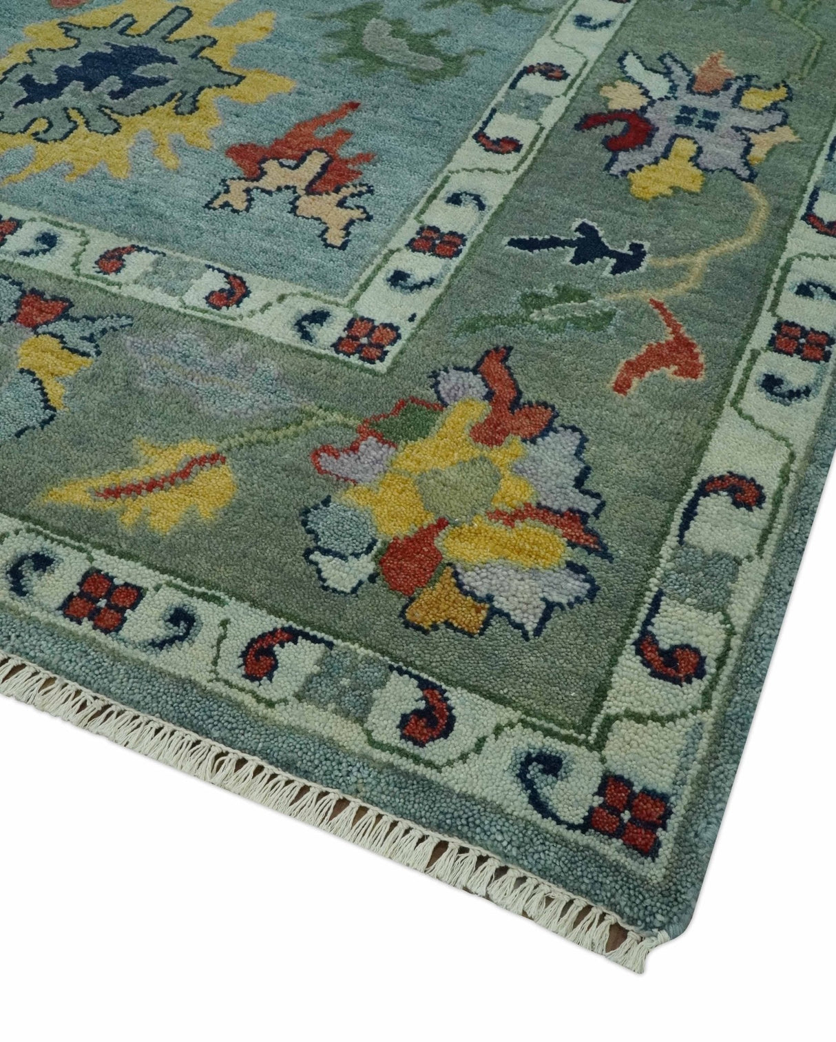 Vibrant Colorful 8x10 Gray and green Hand Knotted Traditional Oushak wool rug