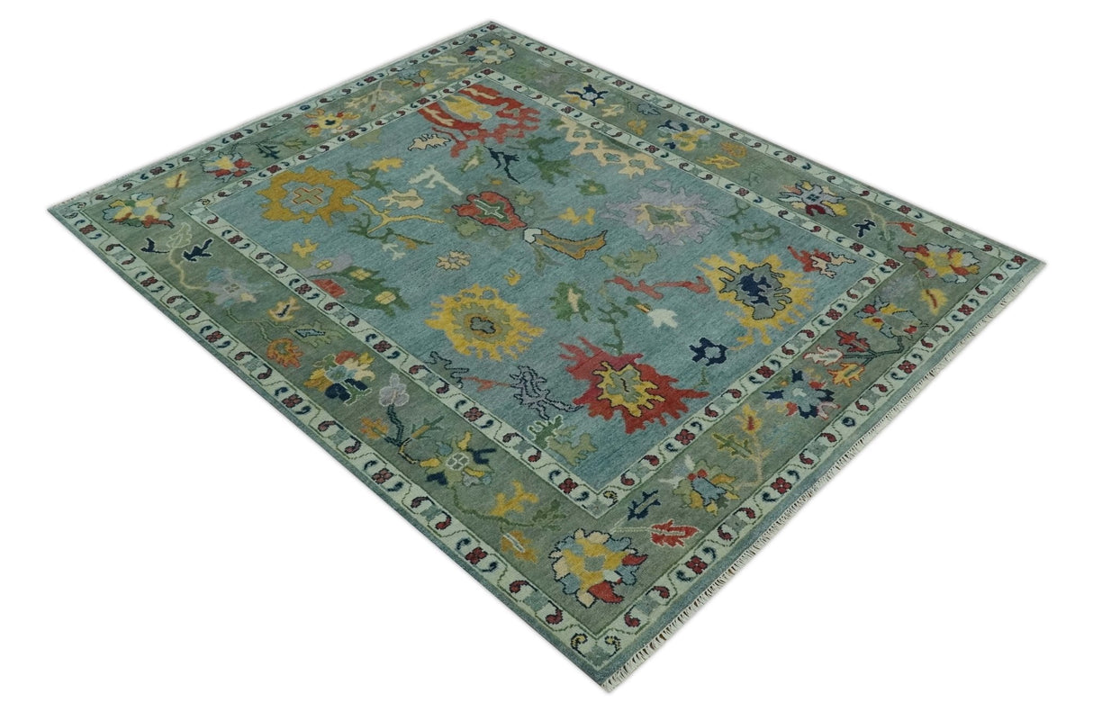Vibrant Colorful 8x10 Gray and green Hand Knotted Traditional Oushak wool rug