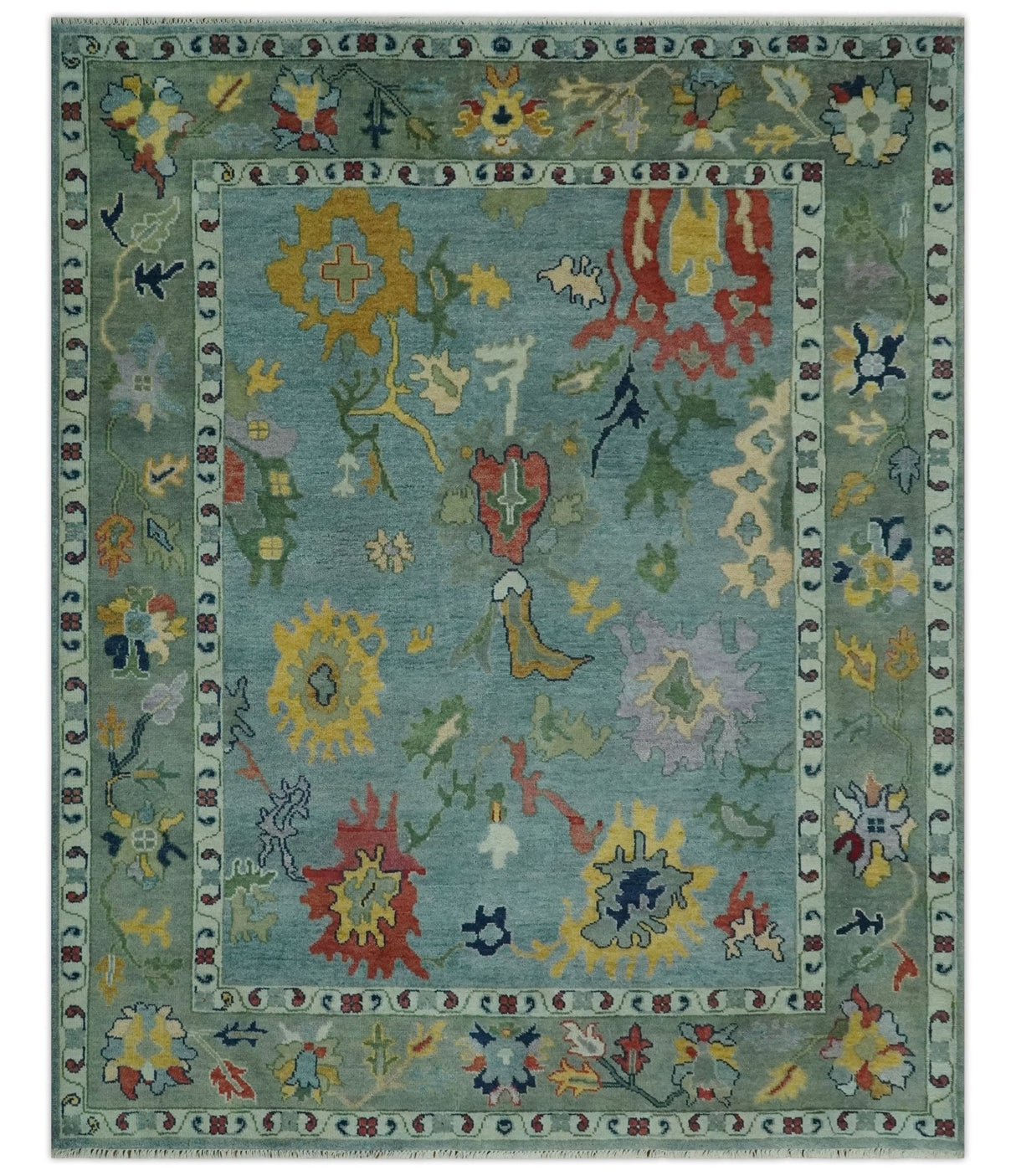Vibrant Colorful 8x10 Gray and green Hand Knotted Traditional Oushak wool rug