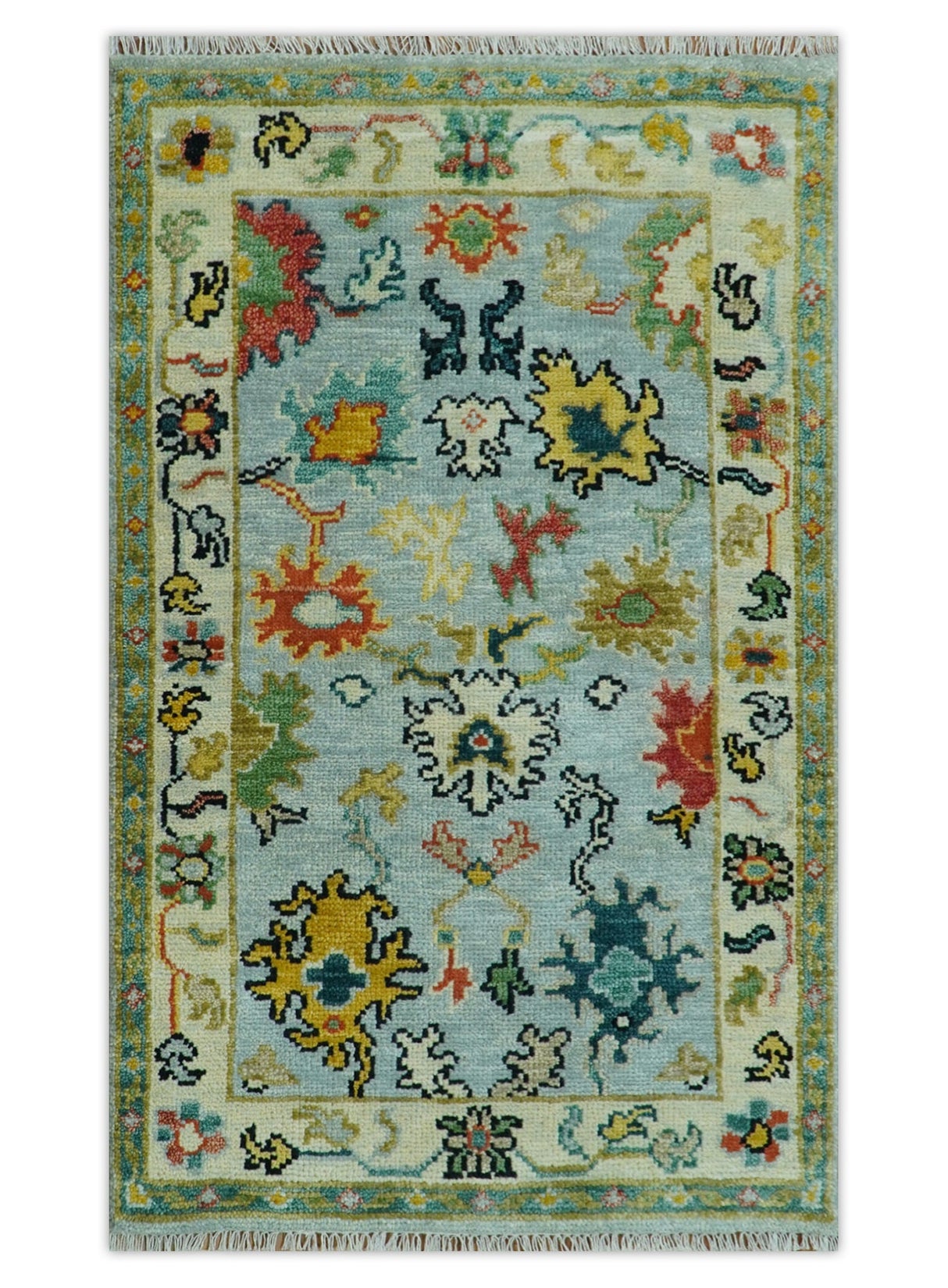 Vibrant Colorful Aqua, Ivory, Gold and Rust Hand Knotted Traditional Oushak Multi Size wool Area Rug