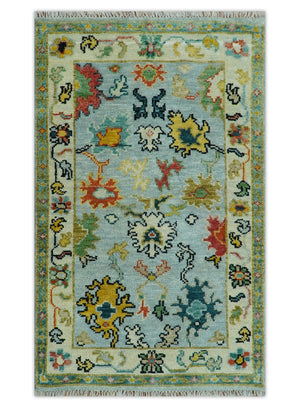 Vibrant Colorful Aqua, Ivory, Gold and Rust Hand Knotted Traditional Oushak Multi Size wool Area Rug