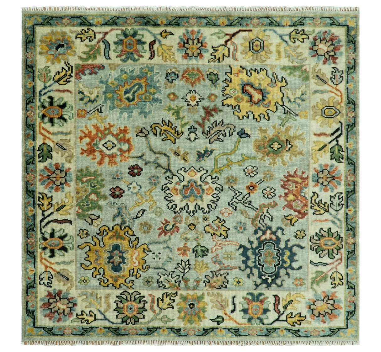 Vibrant Colorful Aqua, Ivory, Gold and Rust Hand Knotted Traditional Oushak Multi Size wool Area Rug