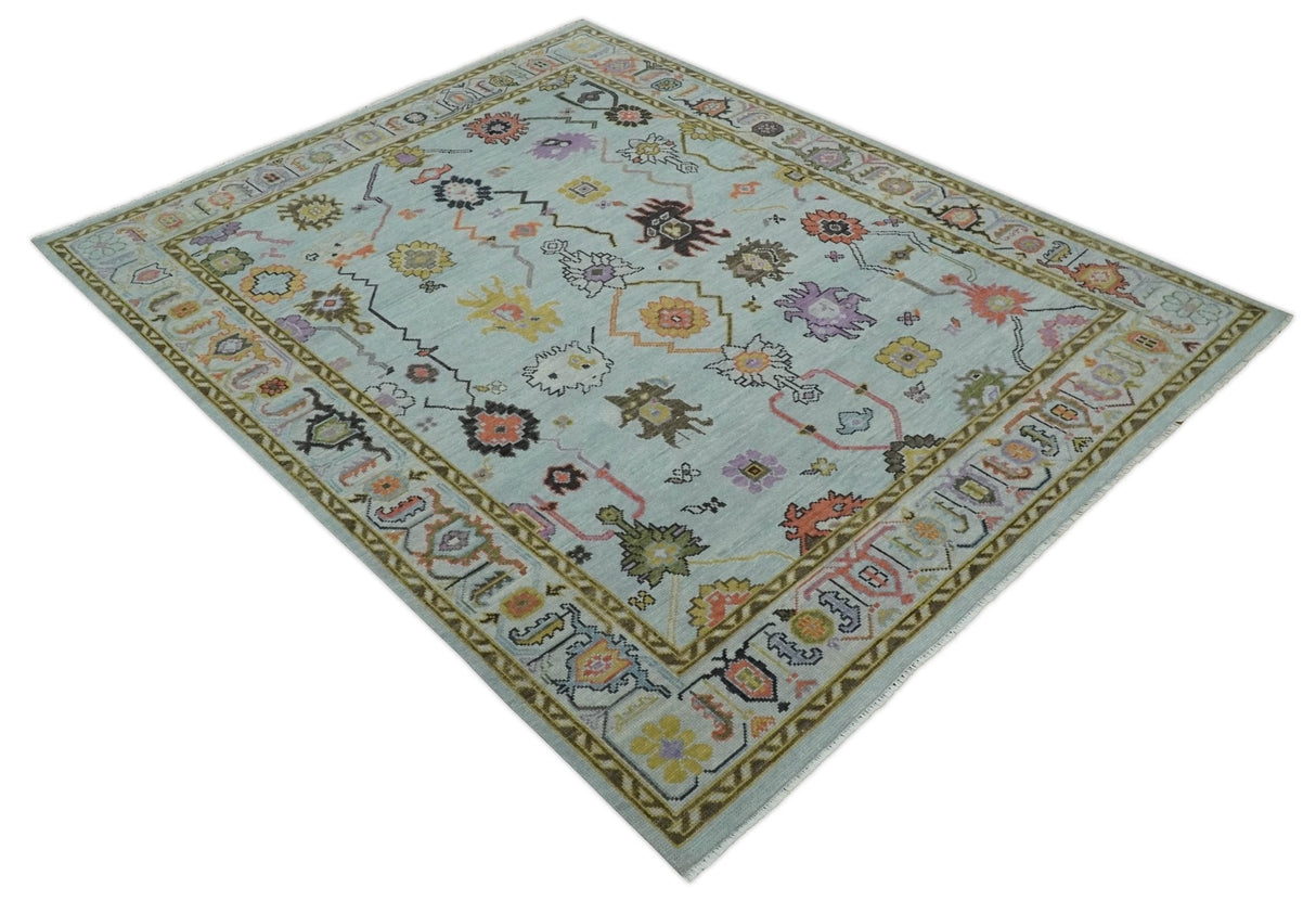 Vibrant Colorful Aqua and Green Hand knotted Traditional Oushak 8x10 wool area Rug