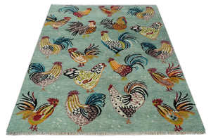 Vibrant Colorful Beautiful chicken Light Green, Ivory, Gold and Brown Hand Knotted 8x10 Wool Area Rug