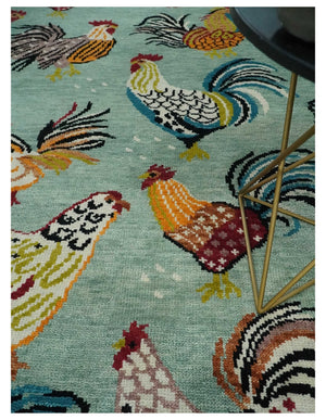 Vibrant Colorful Beautiful chicken Light Green, Ivory, Gold and Brown Hand Knotted 8x10 Wool Area Rug