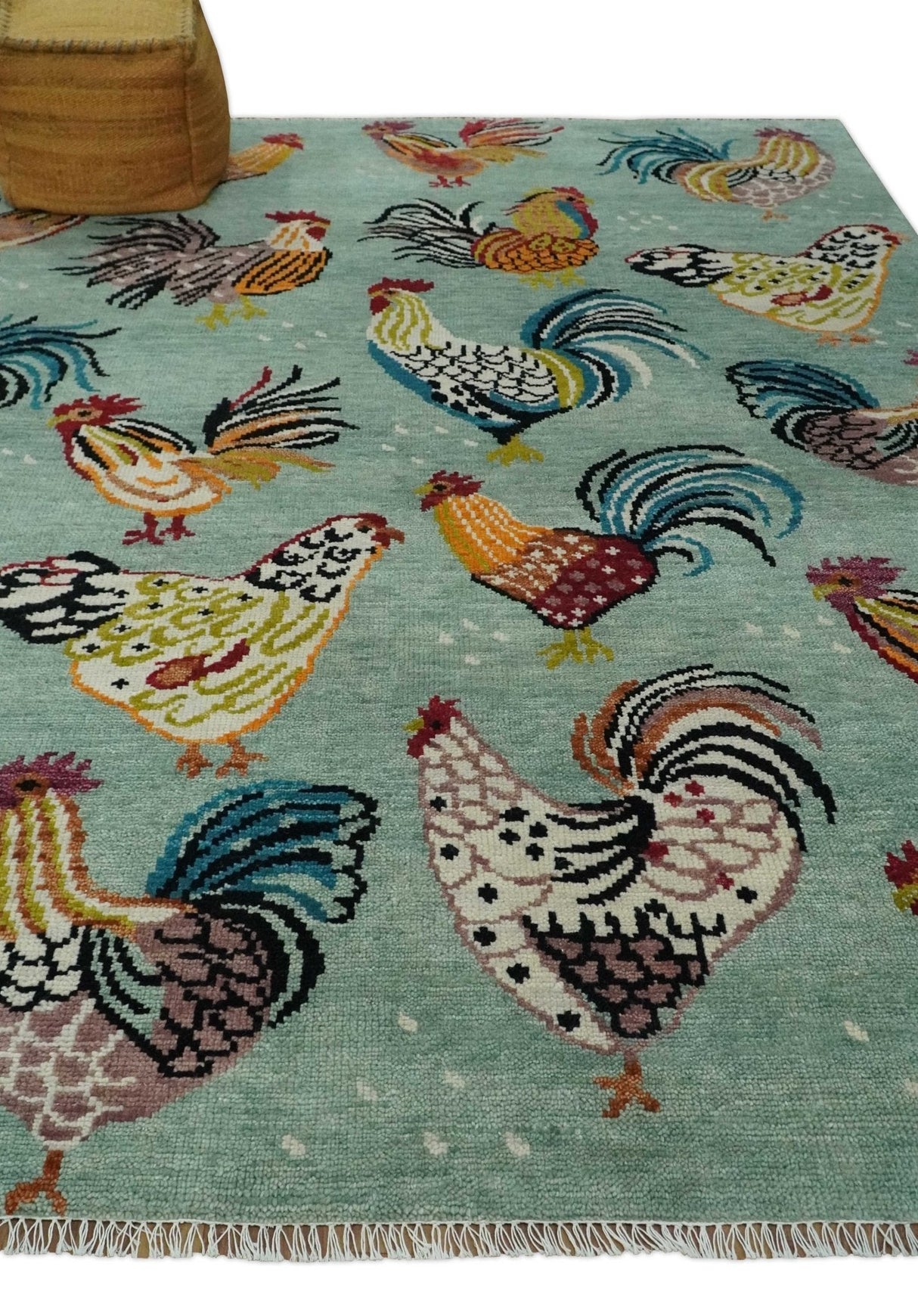 Vibrant Colorful Beautiful chicken Light Green, Ivory, Gold and Brown Hand Knotted 8x10 Wool Area Rug