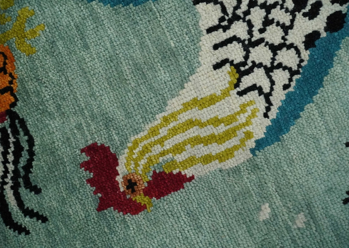 Vibrant Colorful Beautiful chicken Light Green, Ivory, Gold and Brown Hand Knotted 8x10 Wool Area Rug
