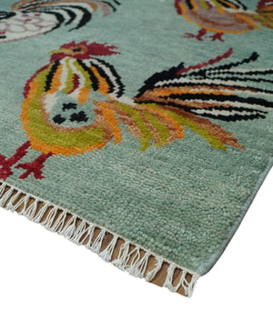 Vibrant Colorful Beautiful chicken Light Green, Ivory, Gold and Brown Hand Knotted 8x10 Wool Area Rug