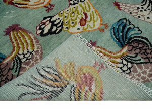 Vibrant Colorful Beautiful chicken Light Green, Ivory, Gold and Brown Hand Knotted 8x10 Wool Area Rug