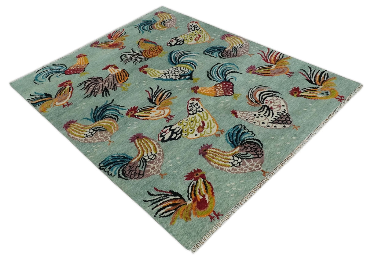 Vibrant Colorful Beautiful chicken Light Green, Ivory, Gold and Brown Hand Knotted 8x10 Wool Area Rug