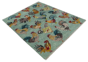 Vibrant Colorful Beautiful chicken Light Green, Ivory, Gold and Brown Hand Knotted 8x10 Wool Area Rug