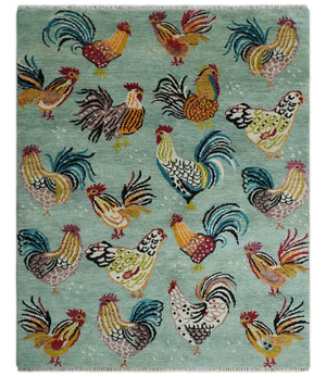 Vibrant Colorful Beautiful chicken Light Green, Ivory, Gold and Brown Hand Knotted 8x10 Wool Area Rug