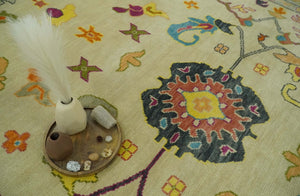 Vibrant Colorful Beige, Silver, Orange and Mustard Hand Knotted 9x12 Wool Area Rug