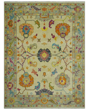 Vibrant Colorful Beige, Silver, Orange and Mustard Hand Knotted 9x12 Wool Area Rug