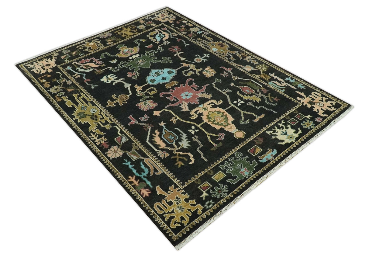 Vibrant Colorful Black 8x10 Hand Knotted Traditional Oushak wool area rug