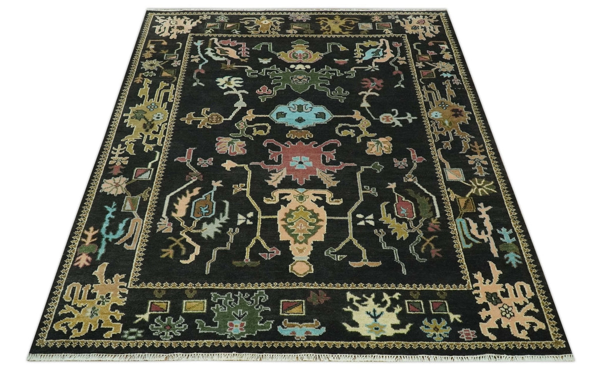 Vibrant Colorful Black 8x10 Hand Knotted Traditional Oushak wool area rug
