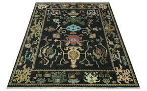Vibrant Colorful Black 8x10 Hand Knotted Traditional Oushak wool area rug