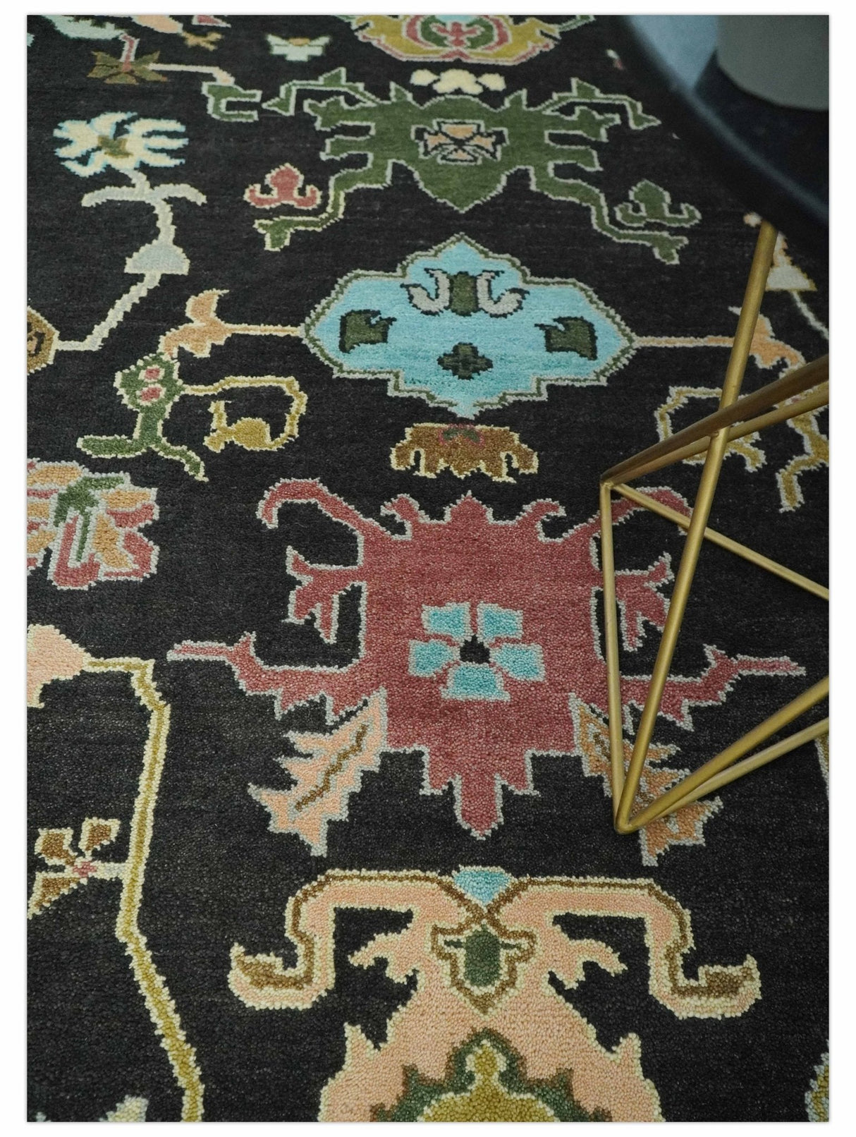 Vibrant Colorful Black 8x10 Hand Knotted Traditional Oushak wool area rug