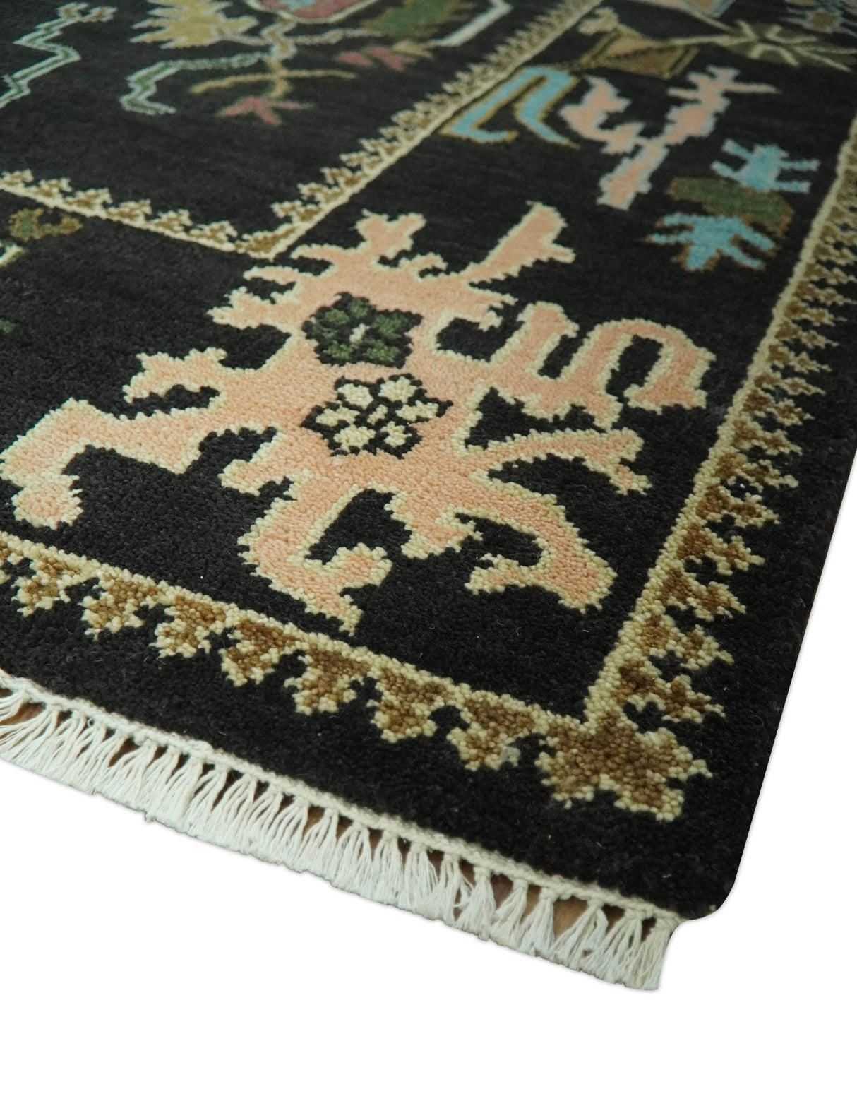 Vibrant Colorful Black 8x10 Hand Knotted Traditional Oushak wool area rug