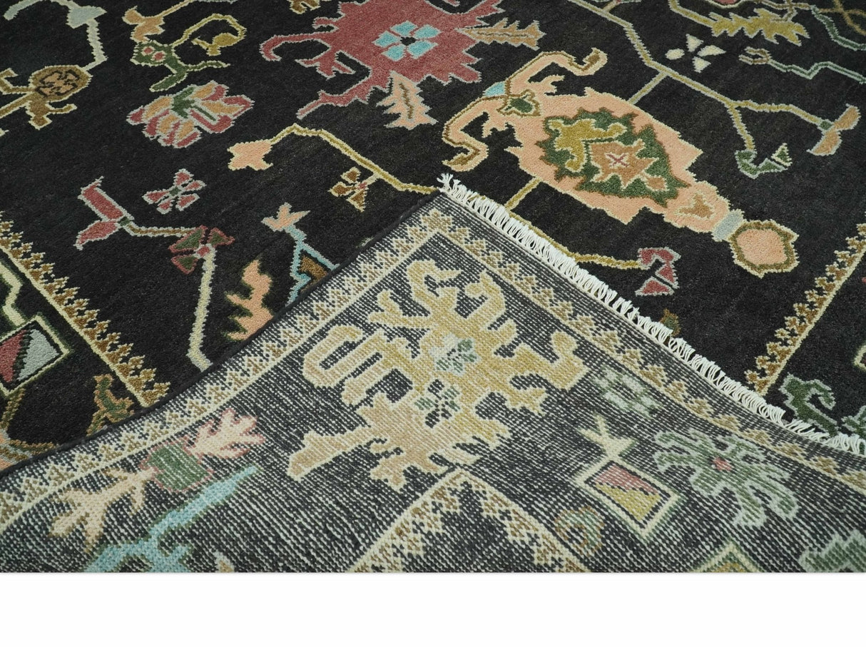 Vibrant Colorful Black 8x10 Hand Knotted Traditional Oushak wool area rug