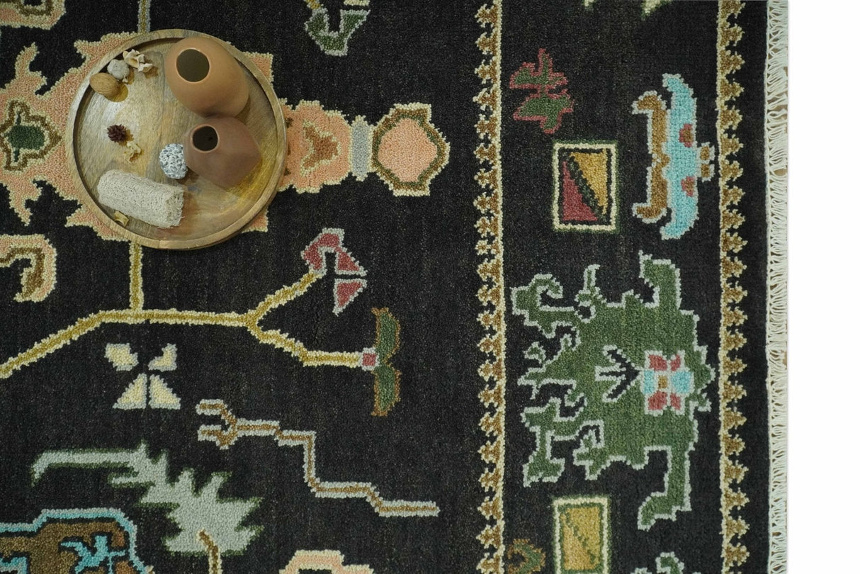 Vibrant Colorful Black 8x10 Hand Knotted Traditional Oushak wool area rug