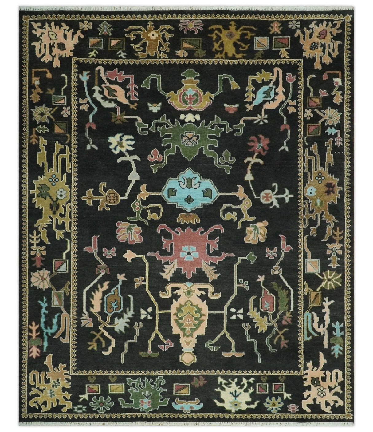 Vibrant Colorful Black 8x10 Hand Knotted Traditional Oushak wool area rug