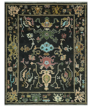 Vibrant Colorful Black 8x10 Hand Knotted Traditional Oushak wool area rug