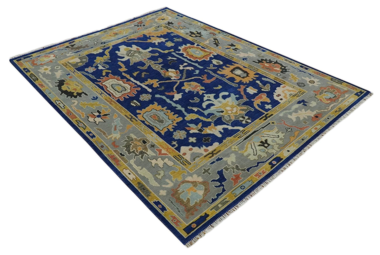 Vibrant Colorful Blue, Silver and Mustard Hand knotted Traditional Oushak 8x10 wool Area Rug