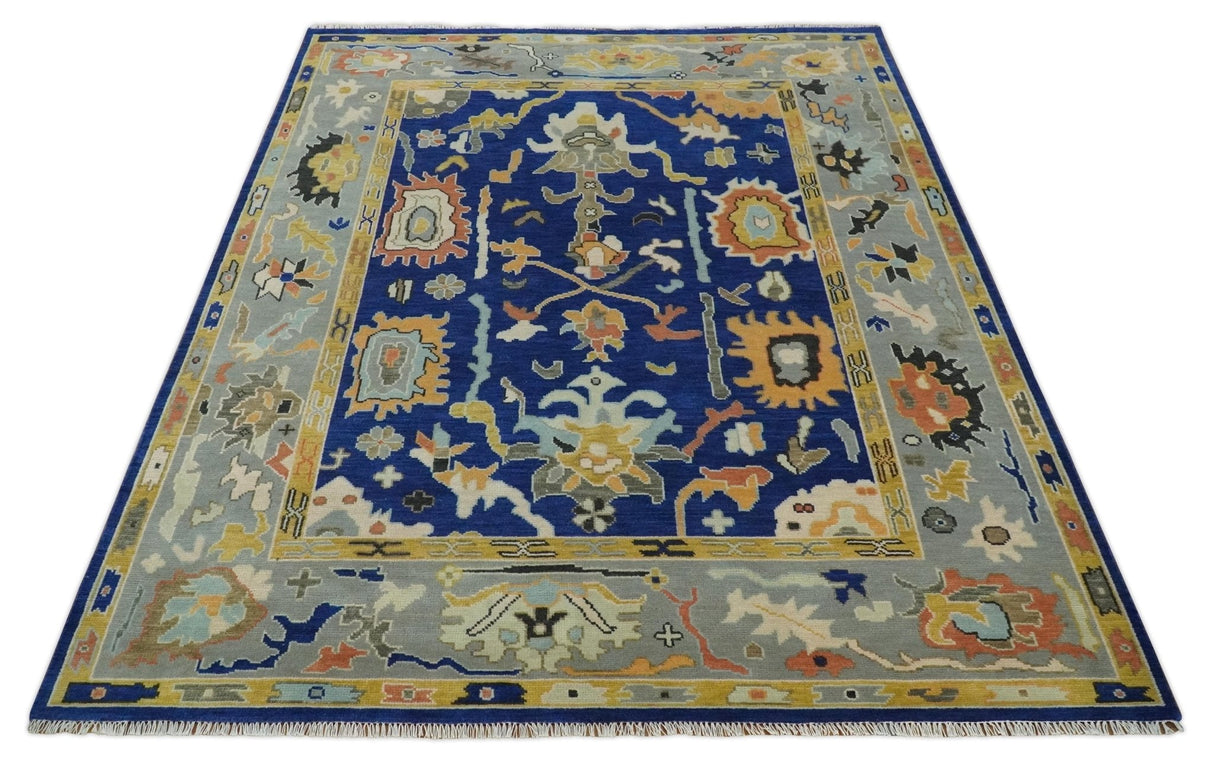 Vibrant Colorful Blue, Silver and Mustard Hand knotted Traditional Oushak 8x10 wool Area Rug