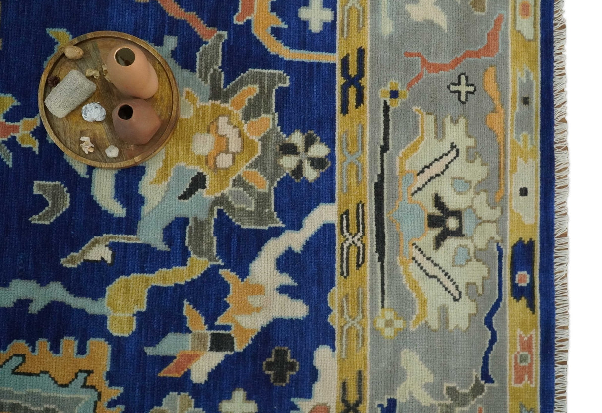 Vibrant Colorful Blue, Silver and Mustard Hand knotted Traditional Oushak 8x10 wool Area Rug