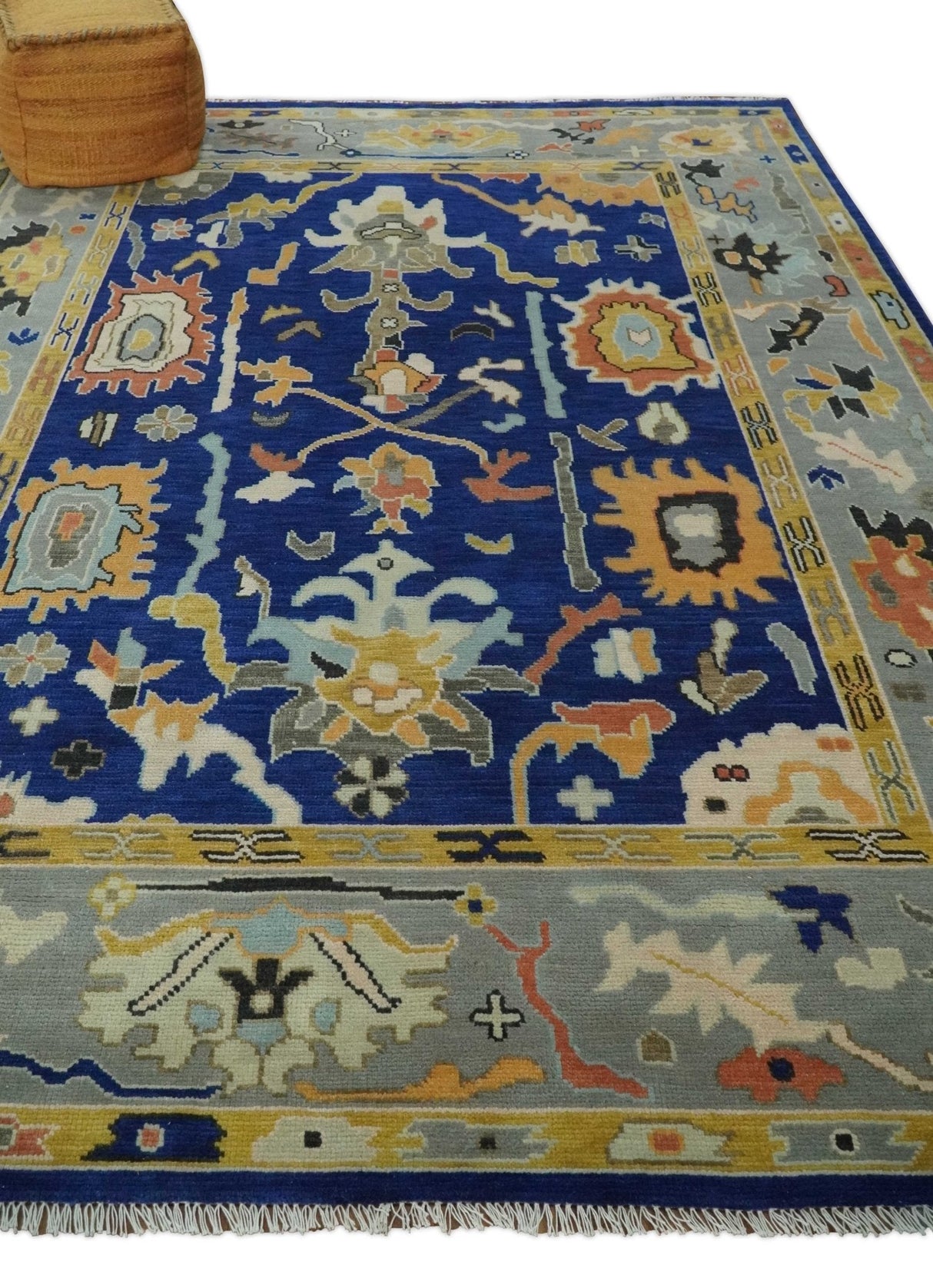 Vibrant Colorful Blue, Silver and Mustard Hand knotted Traditional Oushak 8x10 wool Area Rug