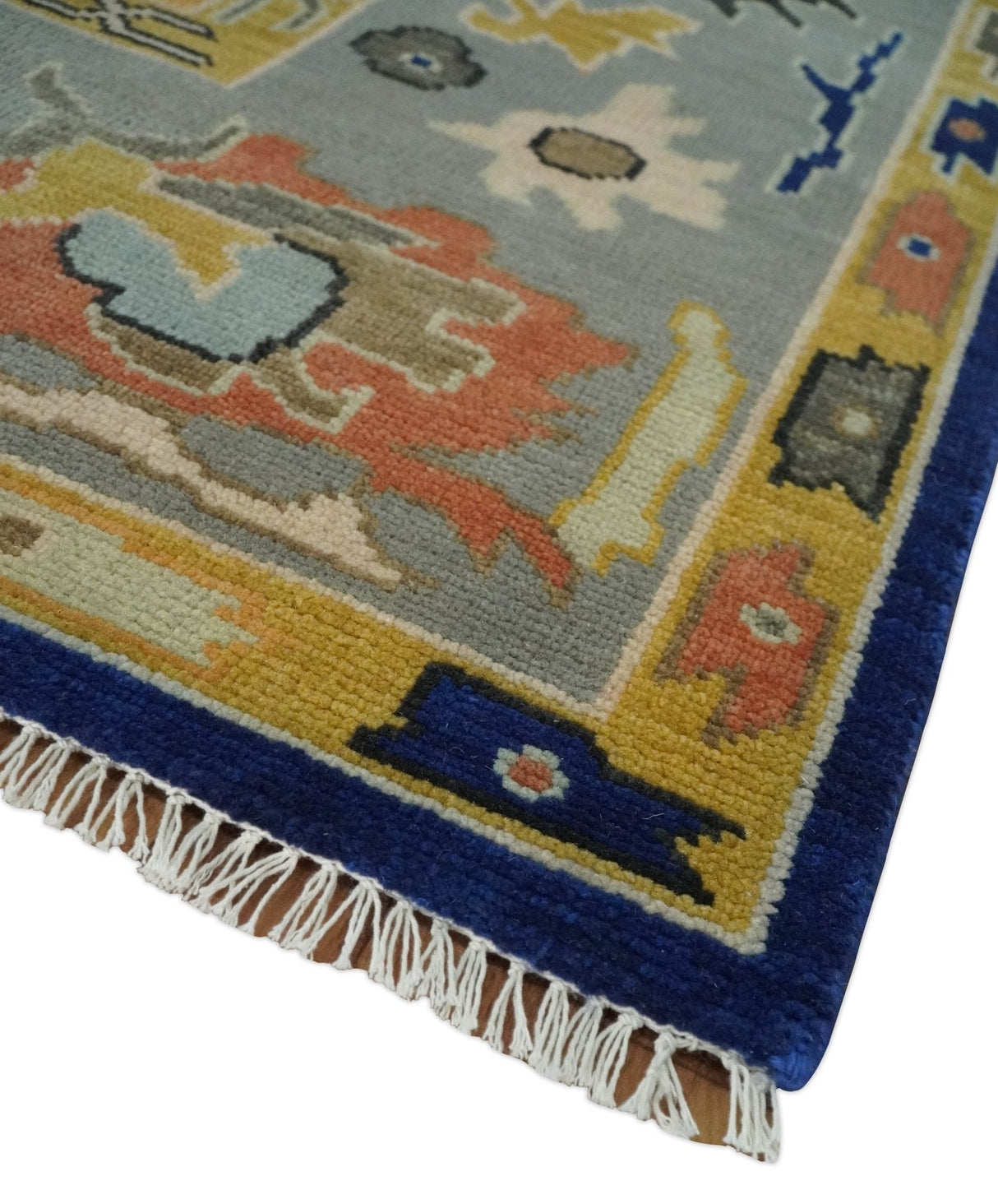 Vibrant Colorful Blue, Silver and Mustard Hand knotted Traditional Oushak 8x10 wool Area Rug