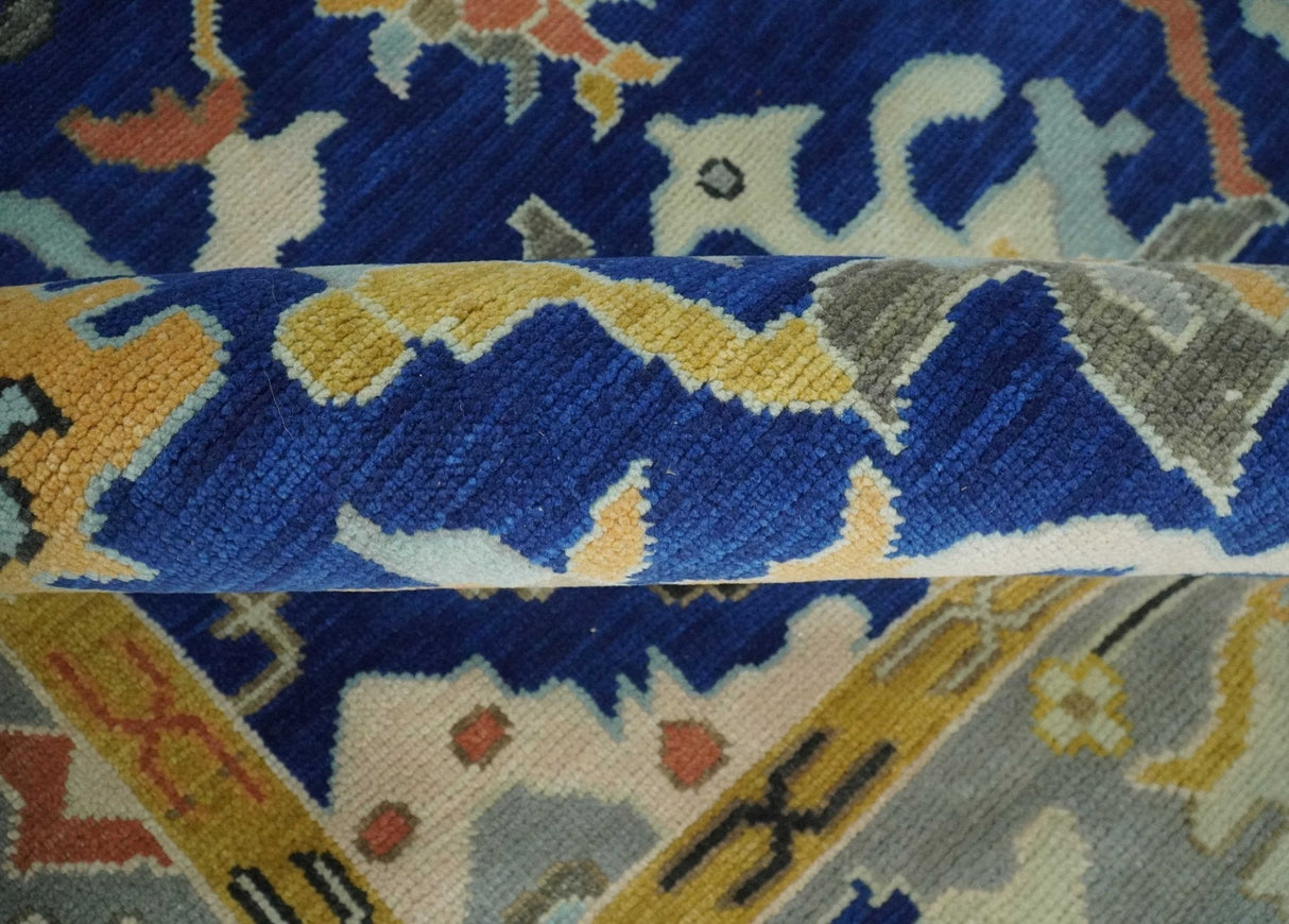 Vibrant Colorful Blue, Silver and Mustard Hand knotted Traditional Oushak 8x10 wool Area Rug