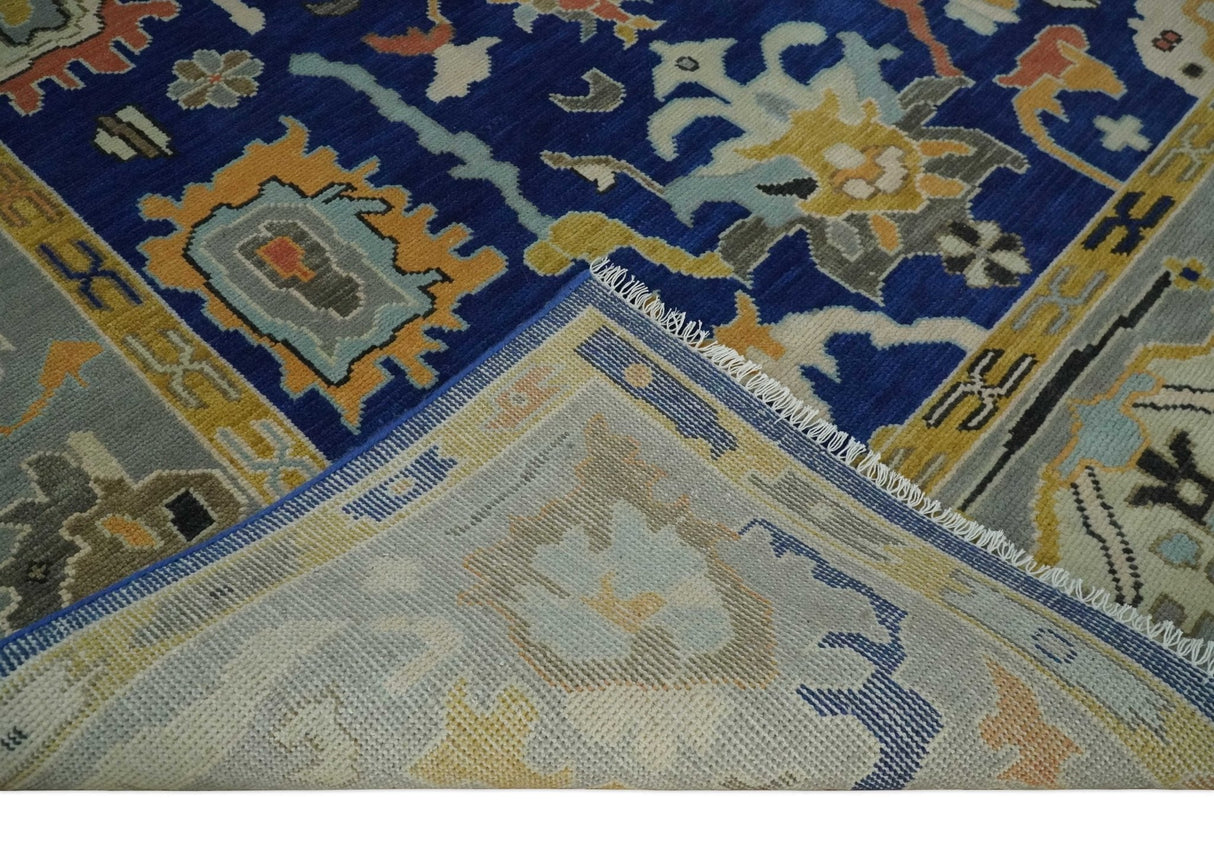 Vibrant Colorful Blue, Silver and Mustard Hand knotted Traditional Oushak 8x10 wool Area Rug
