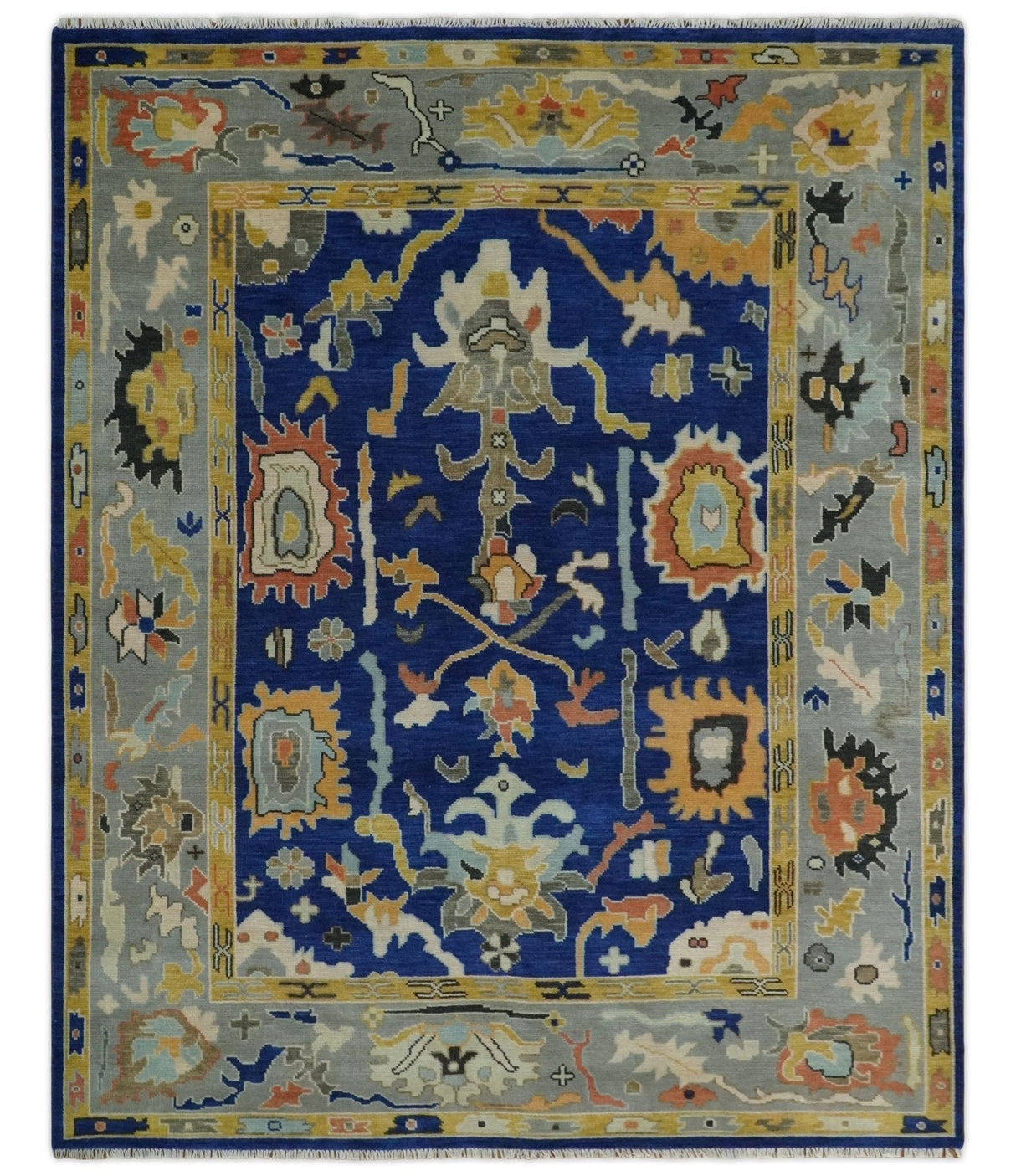 Vibrant Colorful Blue, Silver and Mustard Hand knotted Traditional Oushak 8x10 wool Area Rug