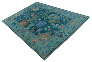 Vibrant Colorful Green, Blue and Rust Hand knotted Traditional Oushak 9x12 wool Area Rug