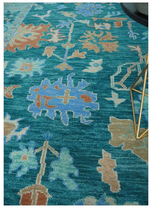 Vibrant Colorful Green, Blue and Rust Hand knotted Traditional Oushak 9x12 wool Area Rug