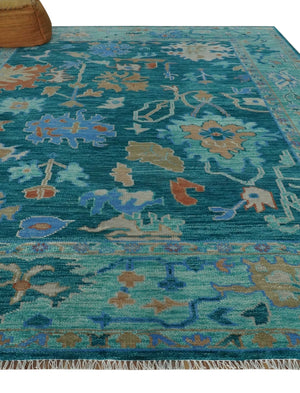 Vibrant Colorful Green, Blue and Rust Hand knotted Traditional Oushak 9x12 wool Area Rug