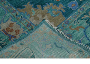 Vibrant Colorful Green, Blue and Rust Hand knotted Traditional Oushak 9x12 wool Area Rug