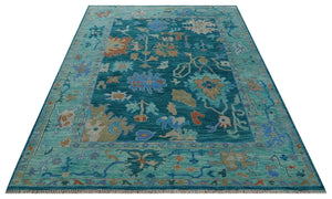 Vibrant Colorful Green, Blue and Rust Hand knotted Traditional Oushak 9x12 wool Area Rug