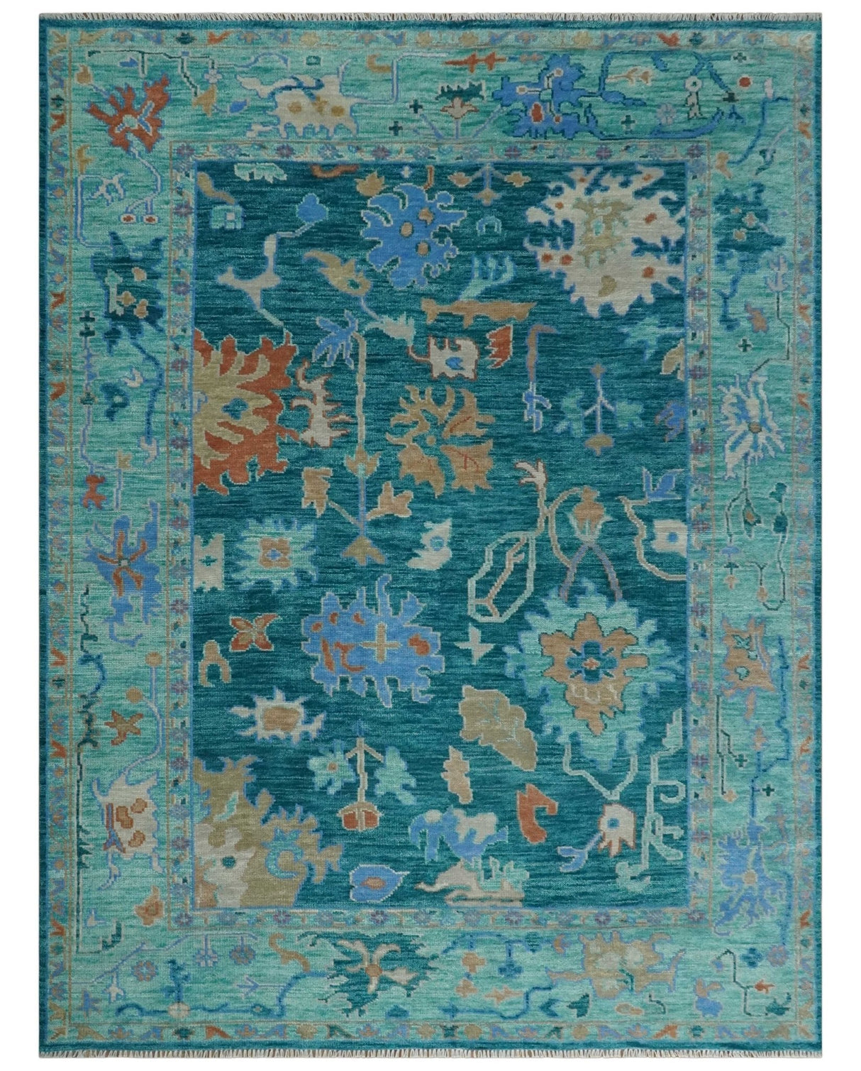 Vibrant Colorful Green, Blue and Rust Hand knotted Traditional Oushak 9x12 wool Area Rug