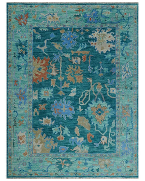 Vibrant Colorful Green, Blue and Rust Hand knotted Traditional Oushak 9x12 wool Area Rug