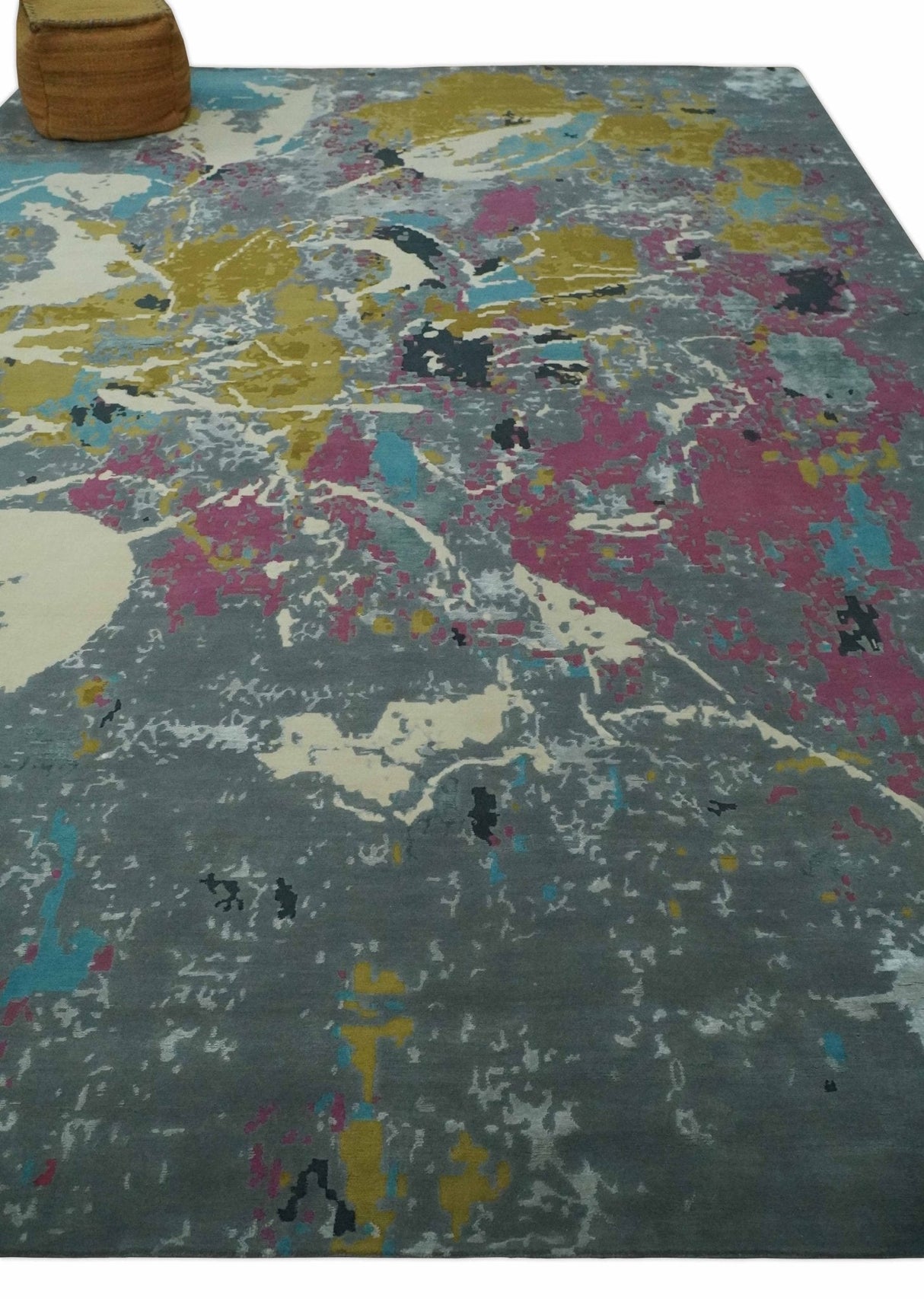Vibrant Colorful Modern Abstract Gray, Olive, Purple and Ivory Hand knotted 10x14 and 12x15 wool Area Rug
