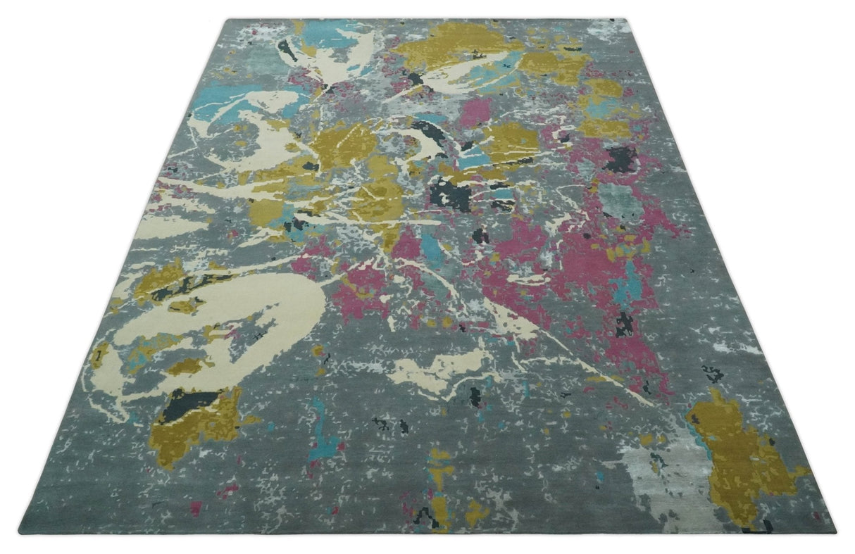 Vibrant Colorful Modern Abstract Gray, Olive, Purple and Ivory Hand knotted 10x14 and 12x15 wool Area Rug