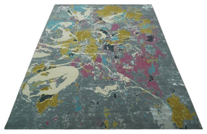 Vibrant Colorful Modern Abstract Gray, Olive, Purple and Ivory Hand knotted 10x14 and 12x15 wool Area Rug