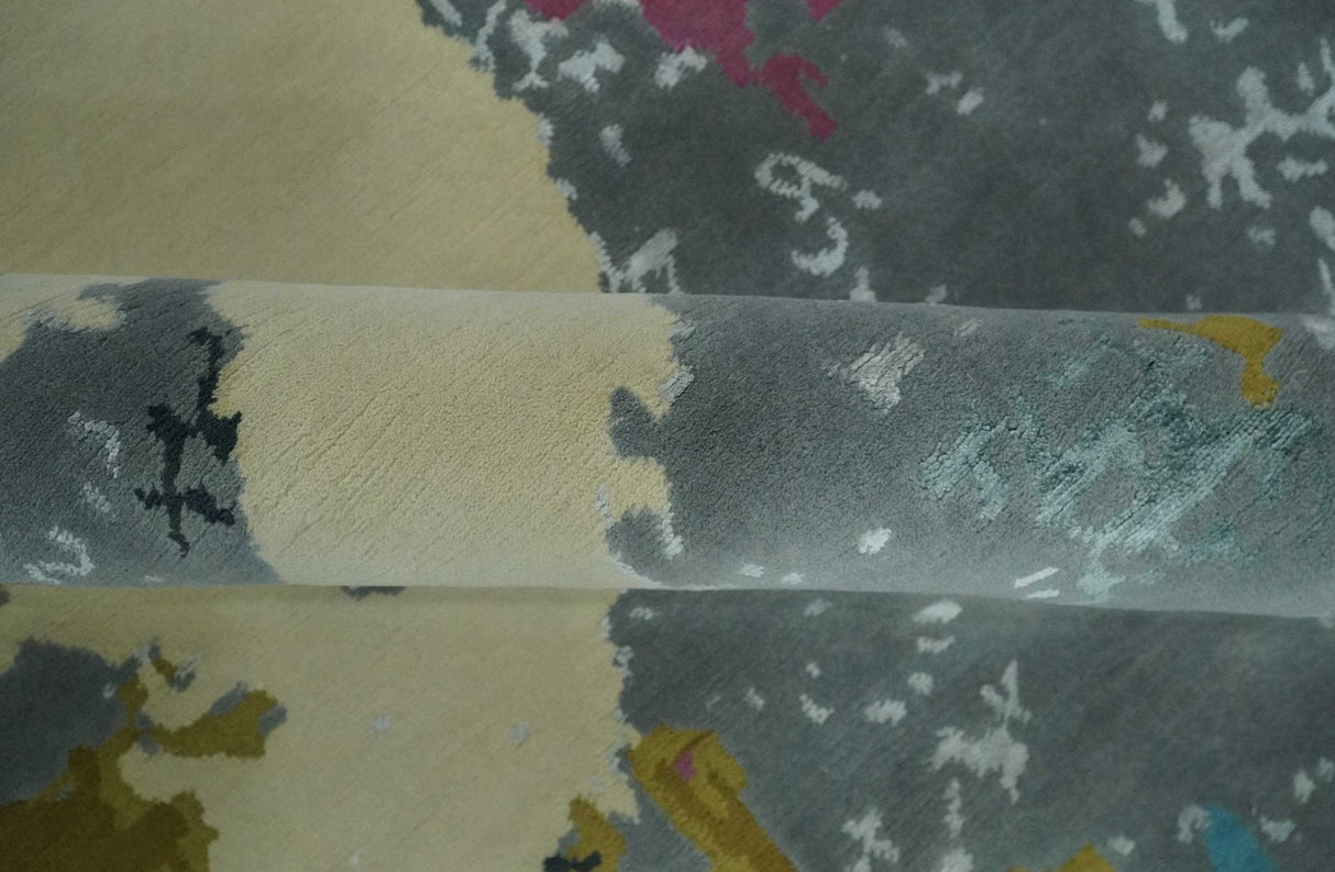 Vibrant Colorful Modern Abstract Gray, Olive, Purple and Ivory Hand knotted 10x14 and 12x15 wool Area Rug