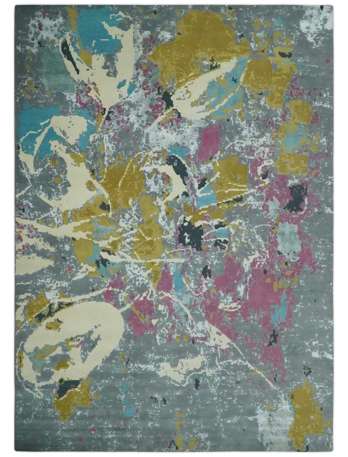 Vibrant Colorful Modern Abstract Gray, Olive, Purple and Ivory Hand knotted 10x14 and 12x15 wool Area Rug