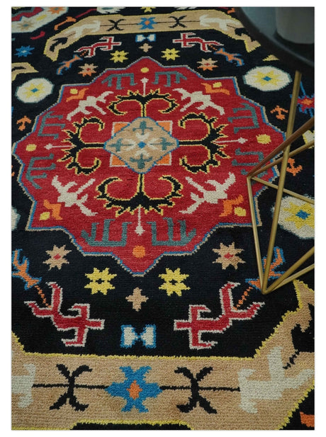 Vibrant colorful 8x10 Black, Maroon and Beige Traditional Medallion Mamluk Design wool Rug