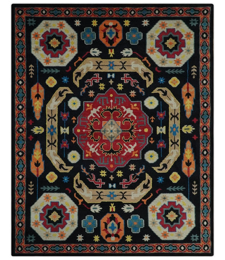 Vibrant colorful 8x10 Black, Maroon and Beige Traditional Medallion Mamluk Design wool Rug