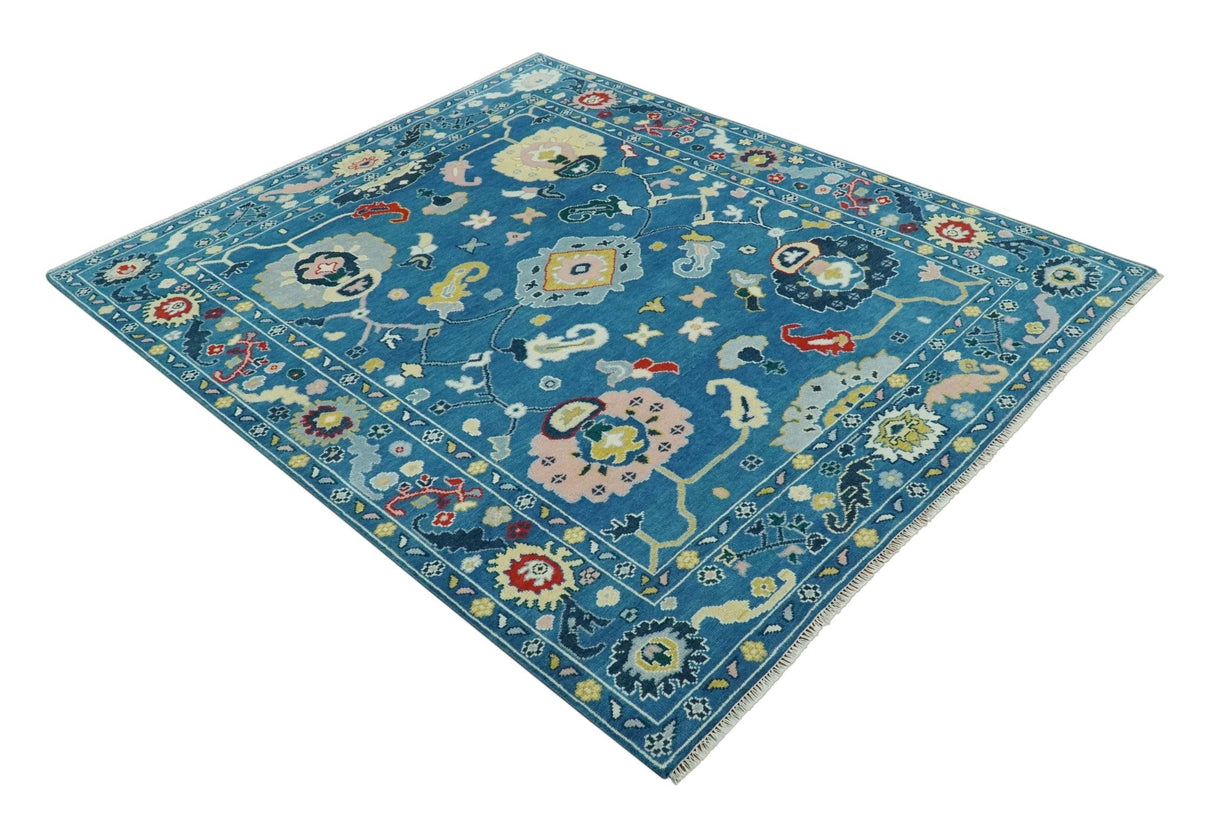 Vibrant colorful Blue Hand Knotted 8x10 Traditional Oushak Wool area Rug